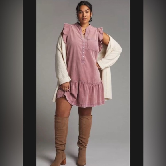 pilcro fuchsia pink mini dress short sleeve ruffle with a pocket - Picture 1 of 5